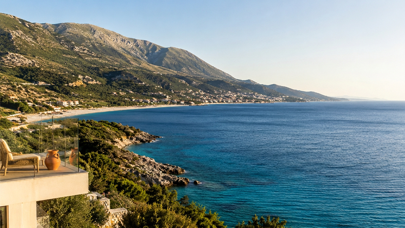 Panoramic Albanian Riviera sea view with mountains and coastal accommodation