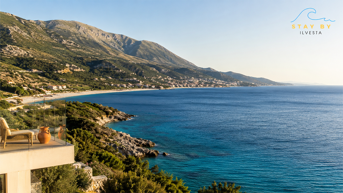 Panoramic Albanian Riviera sea view with mountains and coastal accommodation