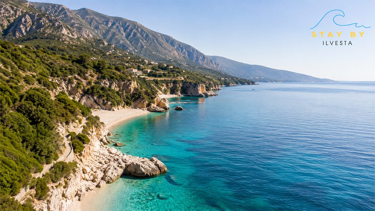 Dhërmi Albanian Riviera coastline with turquoise Ionian Sea and mountain views